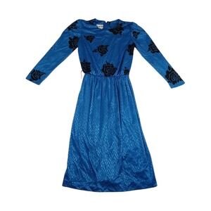 VTG Dress Union Made Blue Black Rose‎ Print Midi Long Sleeve Elastic Waist J Gee